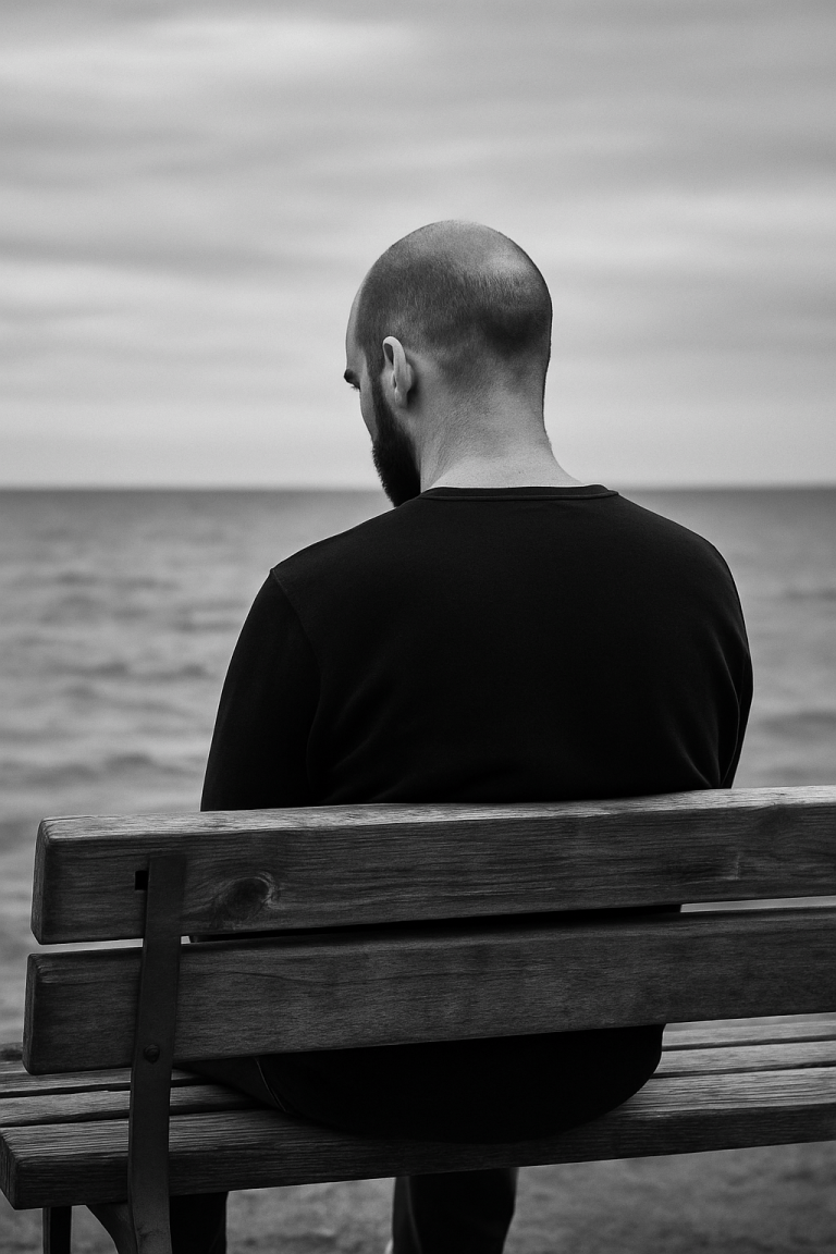 Hombre solo en blanco y negro, mirada melancólica representando la soledad emocional profunda